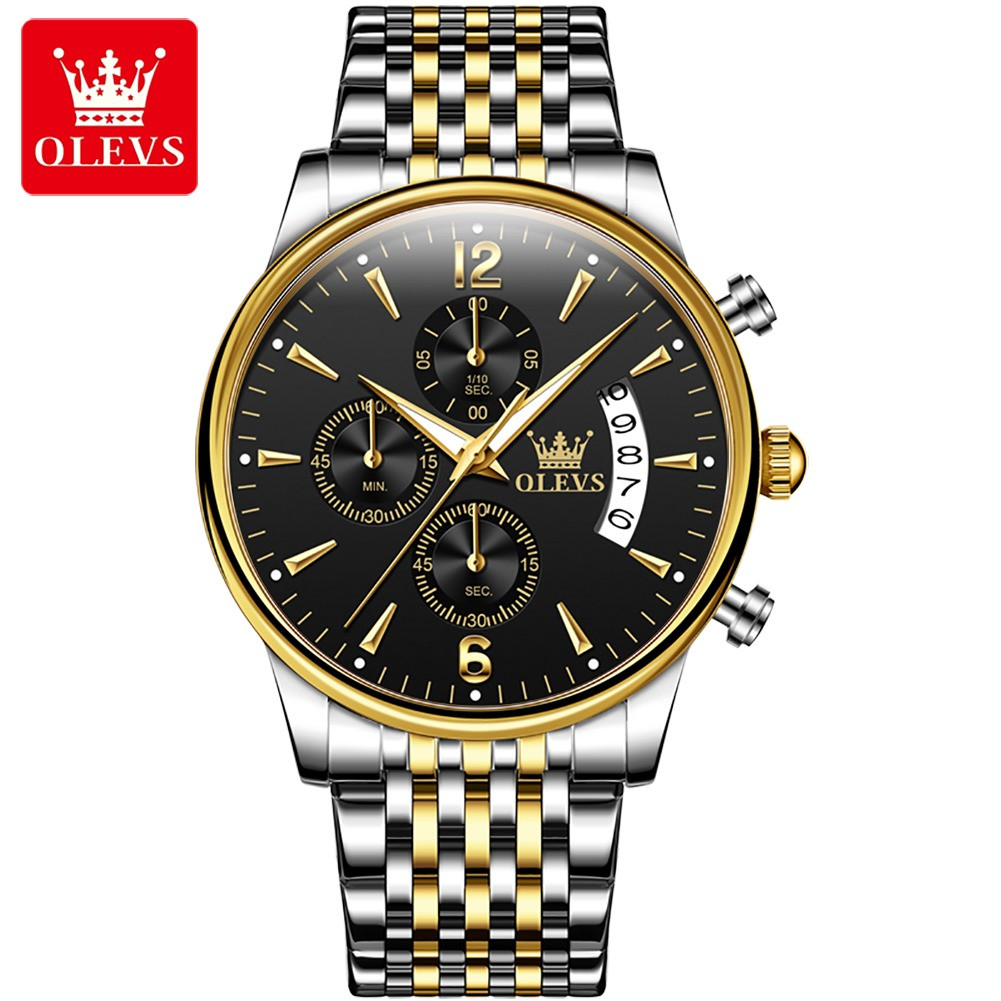 OLEVS 2867 Quartz Waterproof Chronograph Stainless Steel Watch For Man's- Black Dial
