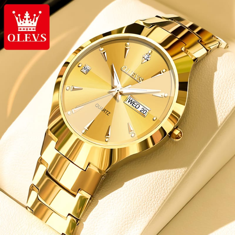 OLEVS 8697 Waterproof Analog Watch Relogio Masculine Luxury Fashion Stainless Steel Quartz Wristwatch for Men's-Golden