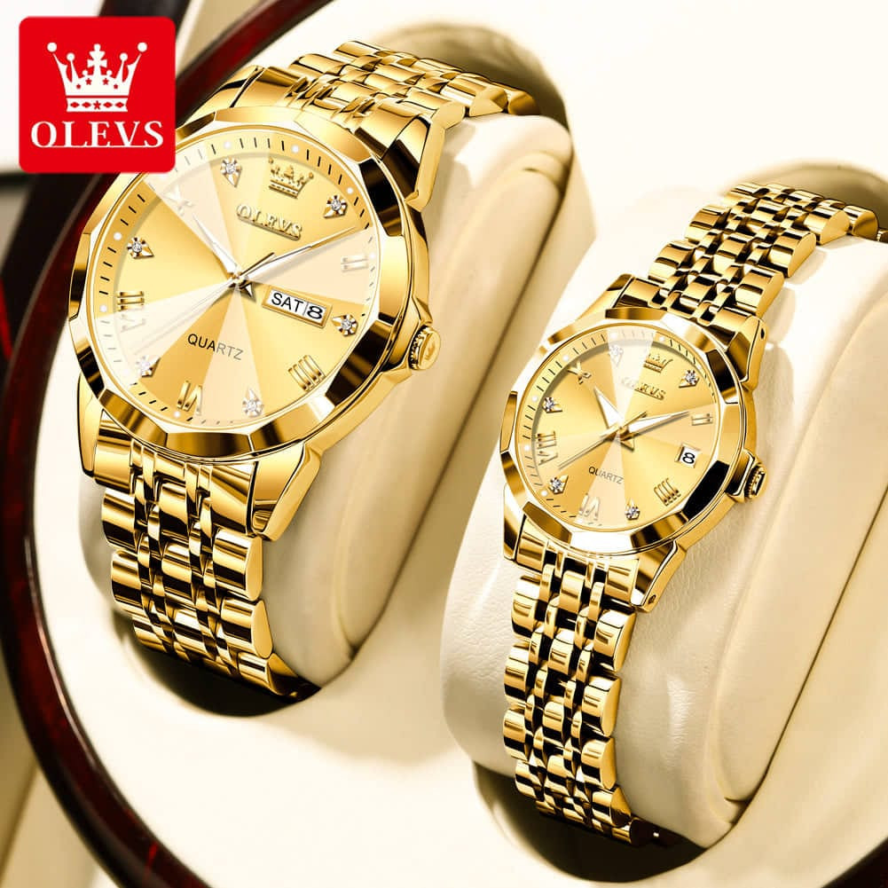 OLEVS 9931 Golden Couple Set Rhombus Design Stainless Steel Quartz Watch