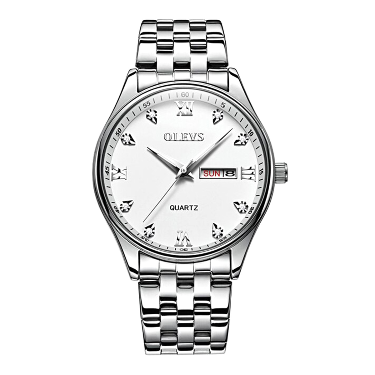 OLEVS 5570 Men's Stainless Steel Luminous Dial Date and Week Waterproof Quartz Wrist Watch- Silver