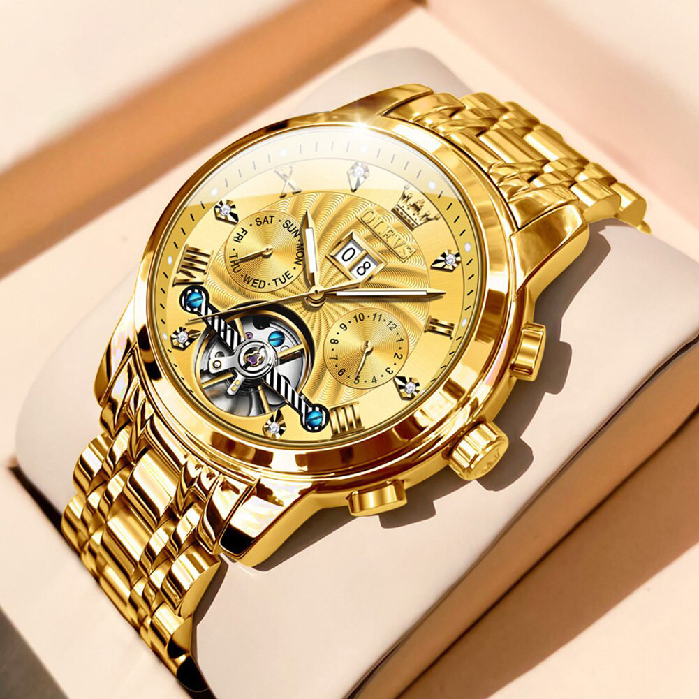OLEVS 9910 Golden Men's Automatic Mechanical Tourbillon Slef-Wind Luxury Stainless Steel Watch