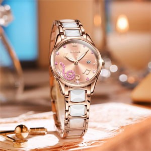Olevs 3605 Rose Gold Fashion Diamond Ceramic Watch For Women