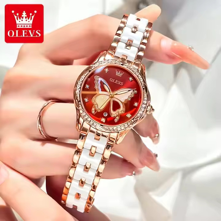 OLEVS 5610 Women's Quartz Ceramic Butterfly Diamonds Strap Waterproof Luminous Calendar Ladies Casual Wristwatch- Red Dial