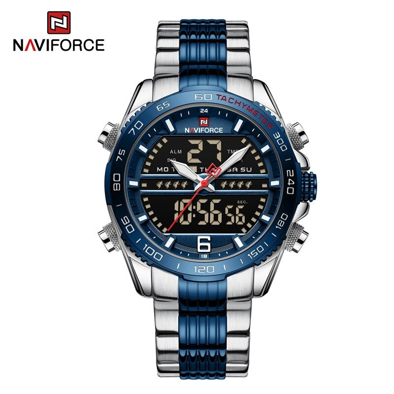 NAVIFORCE 9195 Blue Silver Quartz Duel Time Stainless Steel Watch for Men's