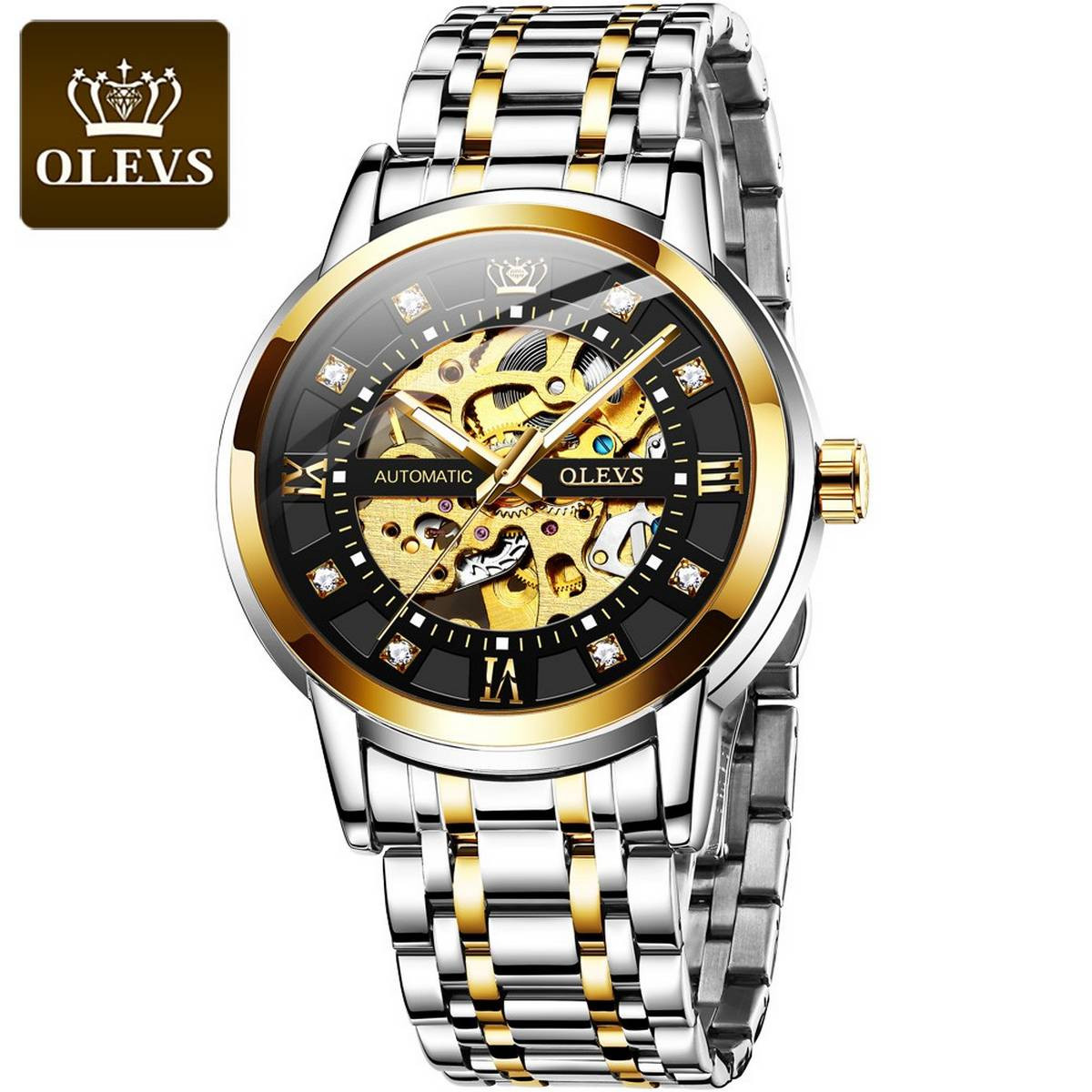 OLEVS 9901 Luxury Hollowing Automatic Mechanical Wristwatch Waterproof Luminous Stainless Steel Fashion Watch for Man's-Black Dial