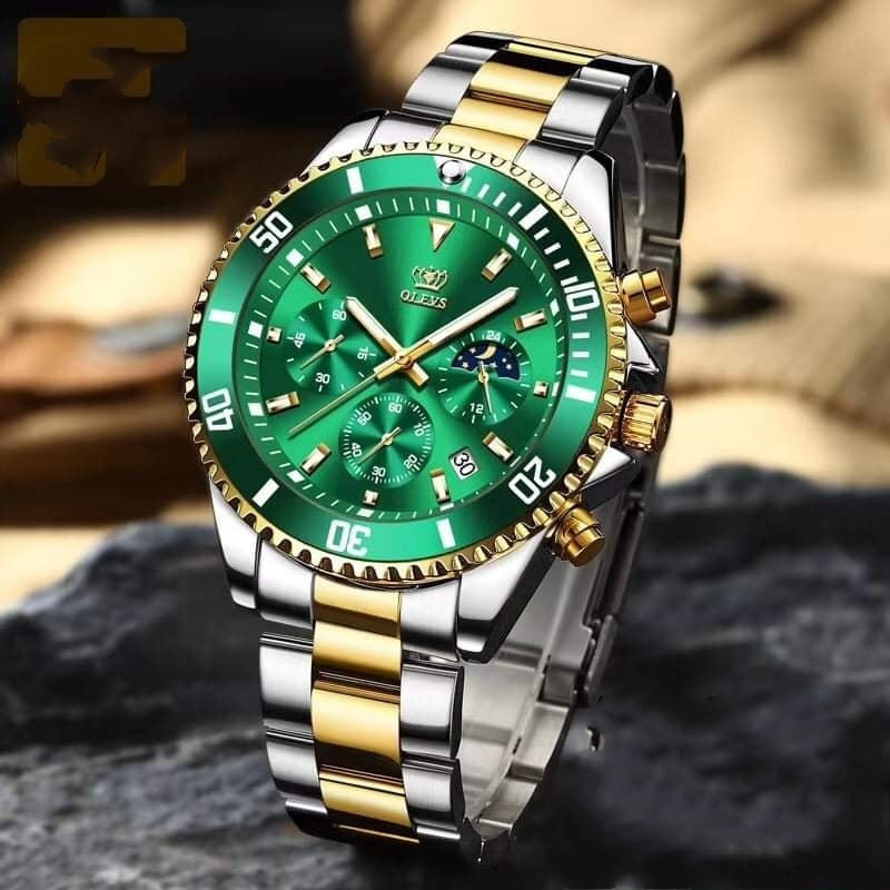 OLEVS 2870 Golden Green Waterproof Stainless Steel Casual Watch